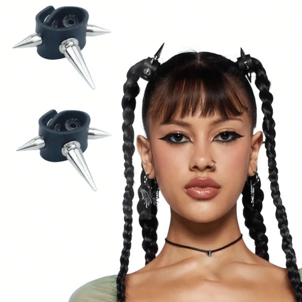 New Black Studded Leather Hair Clips 4pc